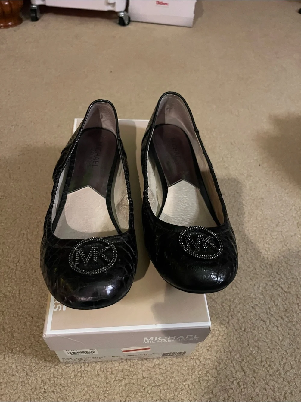 Michael Kors Black Leather MK Logo Quilted Ballet Flats